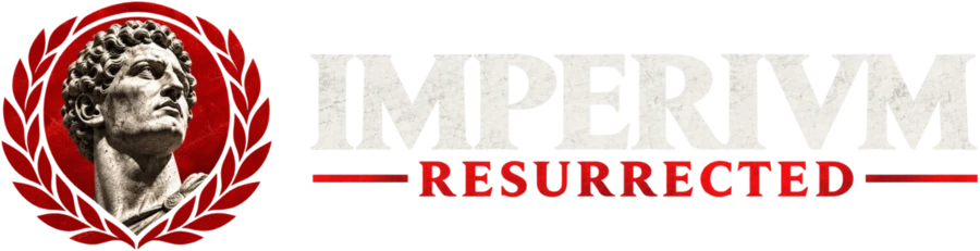 Imperivm Resurrected logo: marble Roman bust inside a red laurel wreath