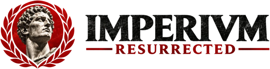 Imperivm Resurrected logo: marble Roman bust inside a red laurel wreath